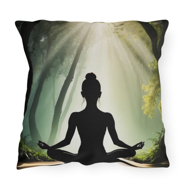 woman meditating in forest with rays of sunlight coming through trees on outdoor pillow