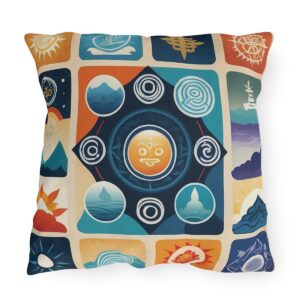 Outdoor pillow with spiritual icons and natural elements in colorful design