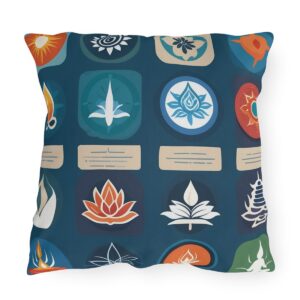 Outdoor pillow with a design featuring various spiritual icons in a colorful grid pattern on a teal background.