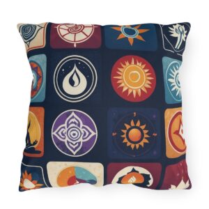 Outdoor pillow with a design featuring various spiritual icons in a colorful grid pattern on a dark background.