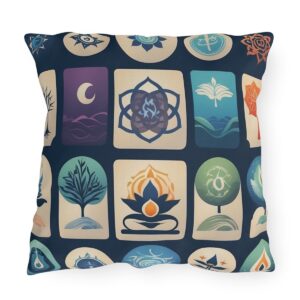 Outdoor pillow with a design featuring various spiritual icons in a colorful grid pattern on a dark background.