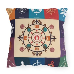 Outdoor pillow with a design featuring the sacred Om symbol at the center, surrounded by various colorful chakra symbols and patterns.