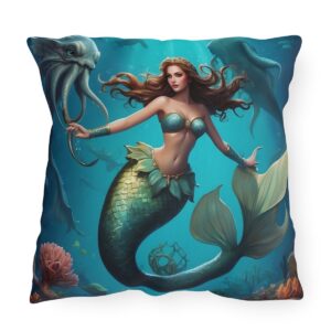 Outdoor pillow featuring a mermaid in an underwater scene with an octopus and sea creatures