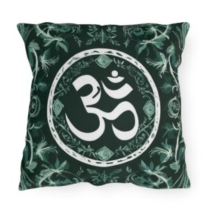 Alt Text: Outdoor pillow with a design featuring the sacred Om symbol in white on a dark green background with intricate patterns.