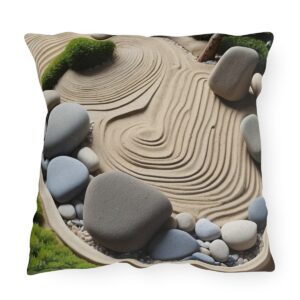 Outdoor pillow with a design featuring a Japanese Zen garden with intricate sand patterns, large rocks, and green shrubs.