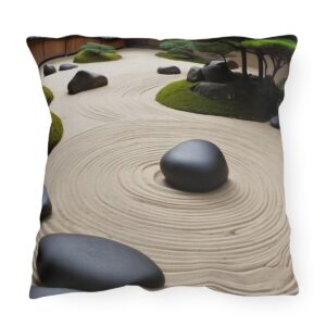 Outdoor pillow with a design featuring a Japanese Zen garden with intricate sand patterns, rocks, and green shrubs.