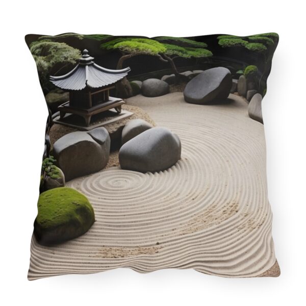 Outdoor pillow with a design featuring a Japanese Zen garden with intricate sand patterns, rocks, green shrubs, and a small pagoda.