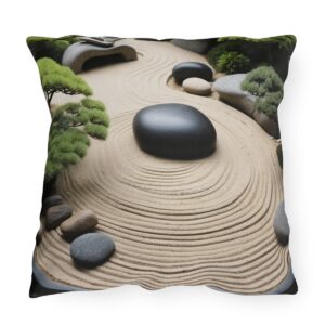 Outdoor pillow with a design featuring a Japanese Zen garden with intricate sand patterns, rocks, and green shrubs.