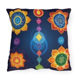 Outdoor pillow with a design featuring colorful chakra symbols on a dark blue background.