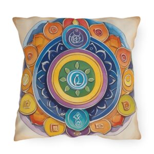 Outdoor pillow with a design featuring colorful chakra symbols in a circular pattern.