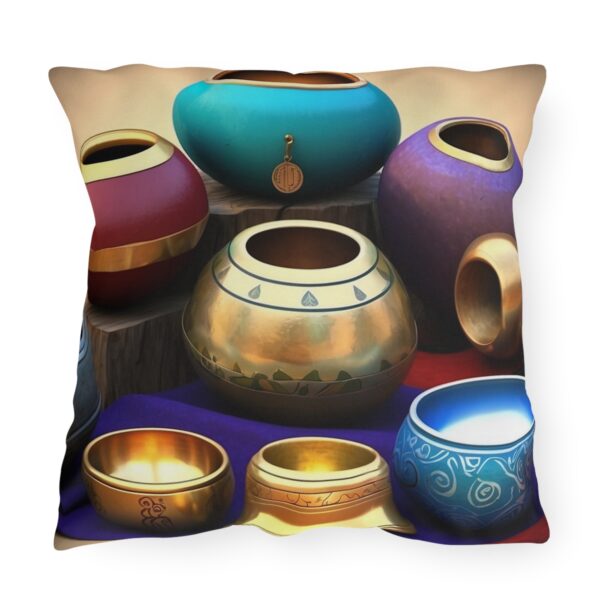 Outdoor pillow with a design featuring colorful meditation bells in various shapes and sizes.