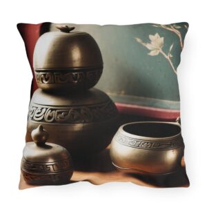 Outdoor pillow with a design featuring stacked meditation bells on a serene background.