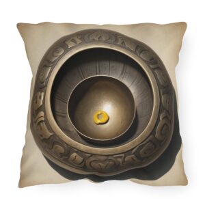 Outdoor pillow with a design featuring meditation bells on a beige background.