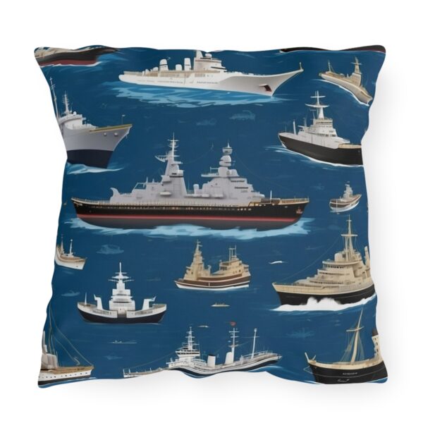 Outdoor pillow featuring various navy battleships on a dark blue background