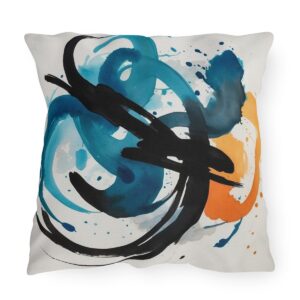 Outdoor pillow with abstract zen brush strokes in blue, black, and orange.