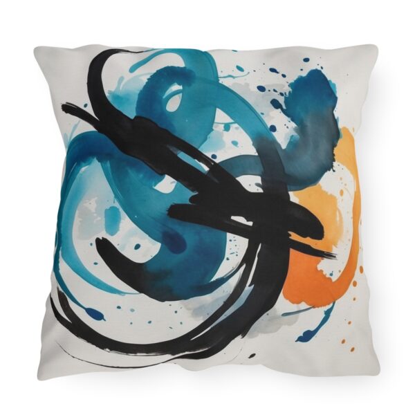 Outdoor pillow with abstract zen brush strokes in blue, black, and orange.