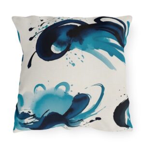 Outdoor pillow featuring abstract Zen brush strokes in shades of blue on a white background