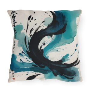 Outdoor pillow featuring abstract Zen brush strokes in black and teal on a white background