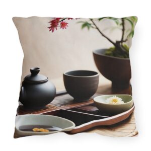 Outdoor pillow featuring a traditional tea ceremony setup with teapot, cups, and flowers on a wooden table