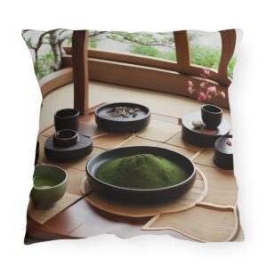 Outdoor pillow featuring a traditional tea ceremony setup with bowls and cups on a wooden table