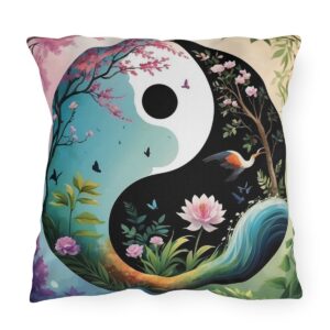 Outdoor pillow featuring a Yin Yang design with vibrant nature scenes, including flowers, trees, and birds