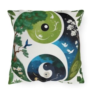 Outdoor pillow featuring a Yin Yang design with contrasting nature scenes of day and night, including trees, birds, and flowers