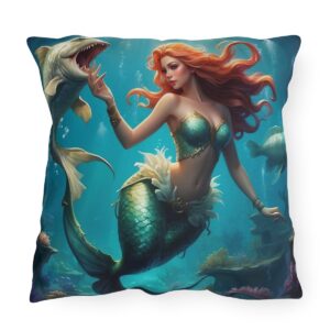 Outdoor pillow featuring an underwater scene with a mermaid and a large fish