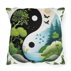 Outdoor pillow featuring a Yin Yang design with contrasting nature scenes of day and night, including trees, birds, and water