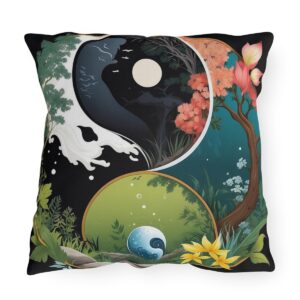 Outdoor pillow featuring a Yin Yang design with contrasting nature scenes of day and night