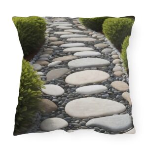 Outdoor pillow featuring a Zen pebble path with smooth white stepping stones and lush greenery