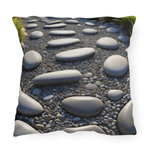 Outdoor pillow featuring a Zen pebble path with elongated smooth stepping stones and greenery