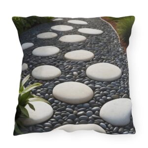 Outdoor pillow featuring a Zen pebble path with smooth white stepping stones and greenery