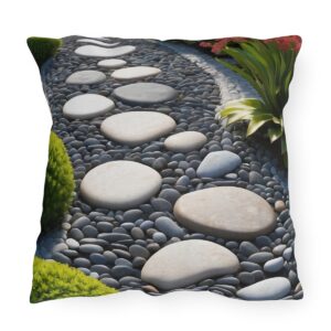 Outdoor pillow featuring a Zen pebble path with smooth stepping stones and lush greenery