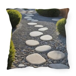 Outdoor pillow featuring a Zen pebble path with stepping stones and greenery