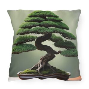 Outdoor pillow featuring a detailed image of a bonsai tree with a green background