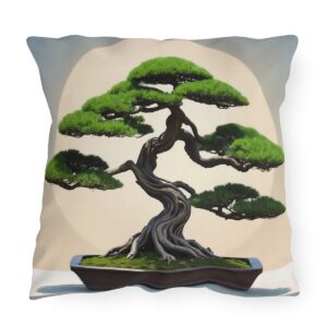 Outdoor pillow featuring a bonsai tree with a white circular background