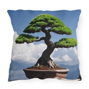 Outdoor pillow featuring a bonsai tree against a scenic background with mountains and sky