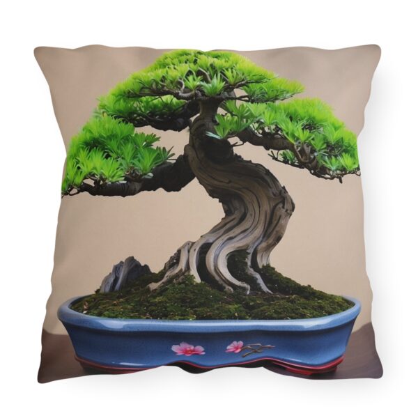 Outdoor pillow featuring a detailed image of a bonsai tree in a blue pot