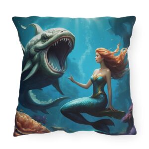 Outdoor pillow featuring an underwater scene with a mermaid and a large sea creature