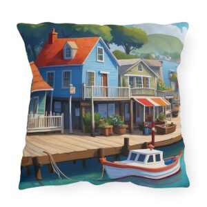 Outdoor pillow featuring a colorful portside village with boats and houses