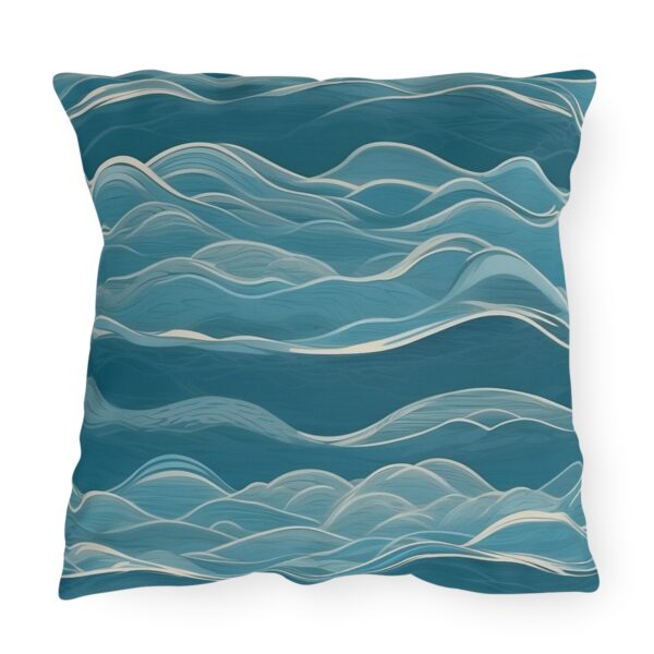 Outdoor pillow with gentle wave patterns in various shades of blue