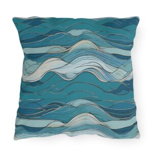 Outdoor pillow with teal and blue gentle wave pattern