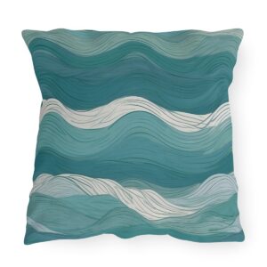 Outdoor pillow with gentle wave pattern in teal and white