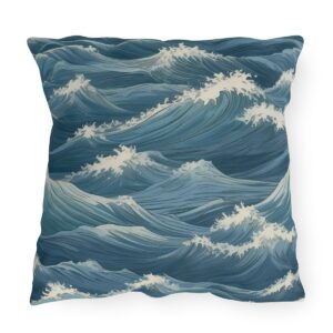 Outdoor pillow with detailed ocean wave pattern in various shades of blue