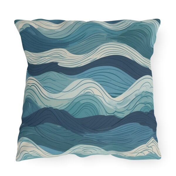 Outdoor pillow with blue and white gentle wave pattern