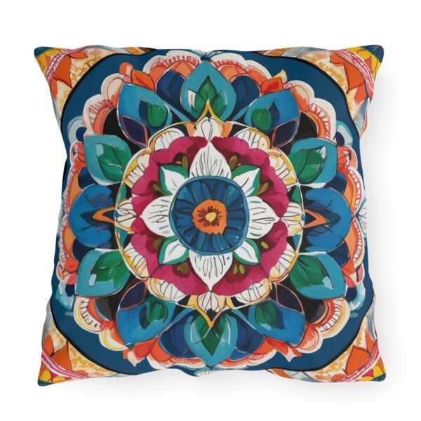 Colorful mandala outdoor pillow with detailed floral and geometric patterns