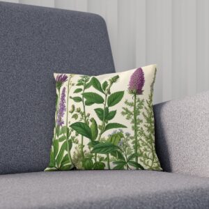 Cushion with botanical illustration of various herbs on grey sofa