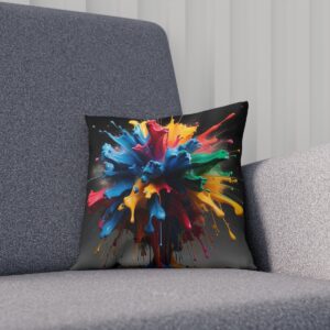 Cushion featuring a vivid color explosion design on a gray chair