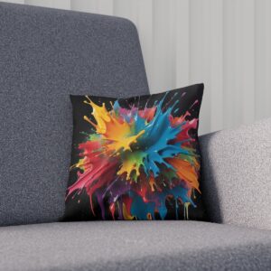 Explosive multicolor abstract design on cushion against gray chair