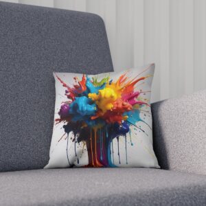 Vibrant paint explosion design cushion on gray chair